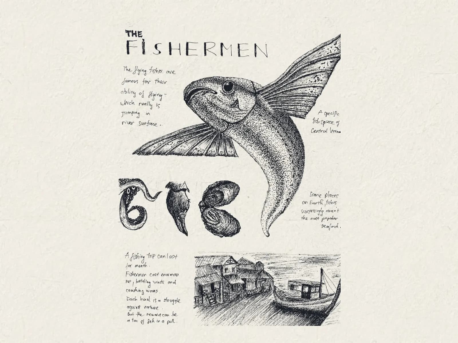 Trang sổ kí họa “The Fishermen”: cá chuồn vẽ chấm điểm, mực, sò và bến thuyền.